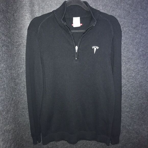 Tesla Embroidered White Logo Black Quarter 1/4 Zip Sweater Medium Knit Mock Neck - Picture 2 of 9